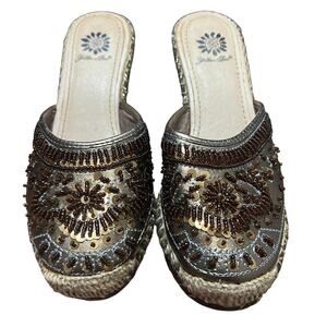 Yellow Box Brown Beaded Espadrille Wedges Size 6.5